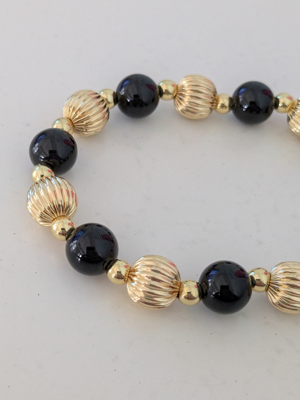 14kt Gold Plated and Black Onyx Beaded Stretch Bracelet Chunky NEW